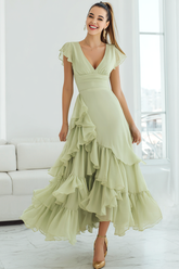 Hellgrünes Langes A-Linie Brautjungfernkleid aus Chiffon mit V-Ausschnitt und Ärmeln
